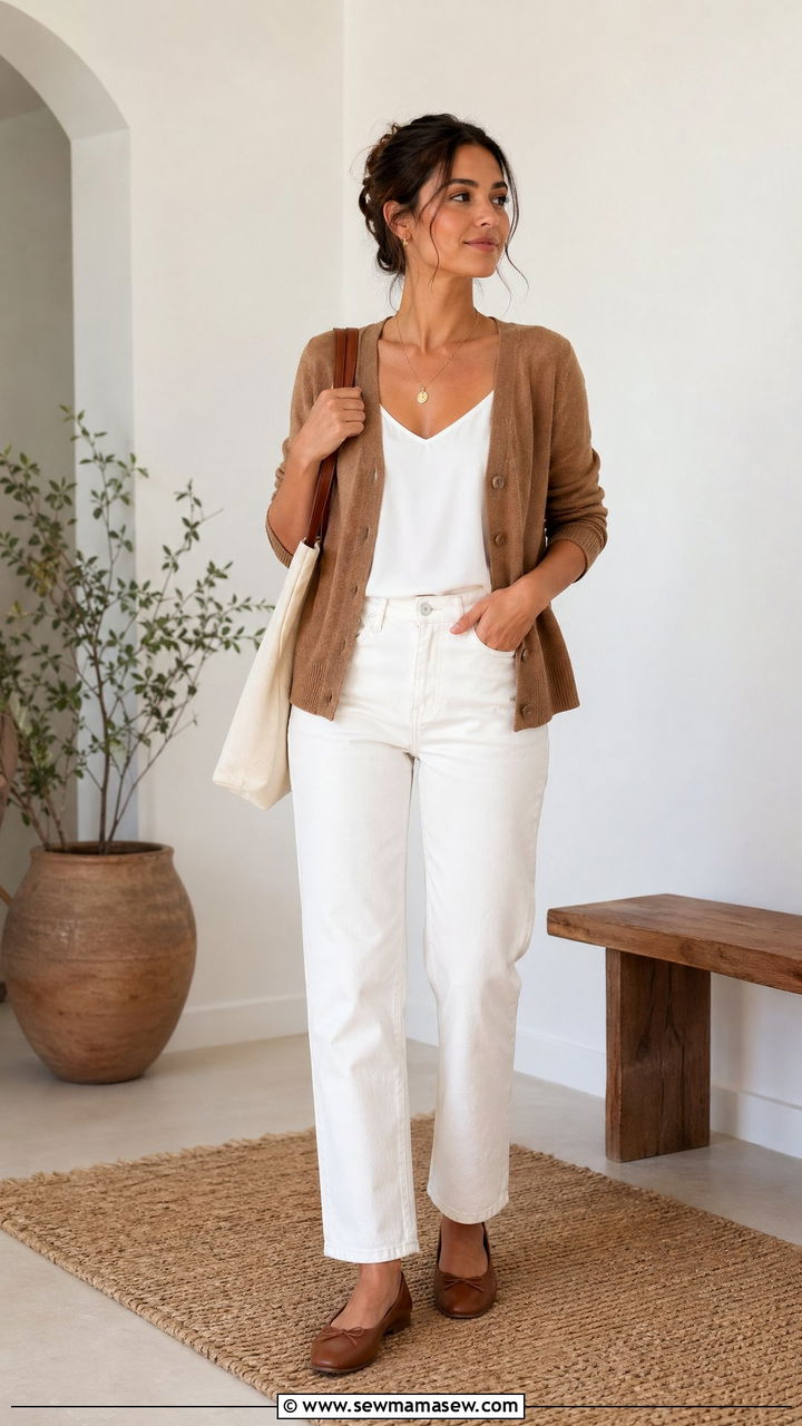 Brown Cardigan with White Denim - 35 spring brown outfit ideas