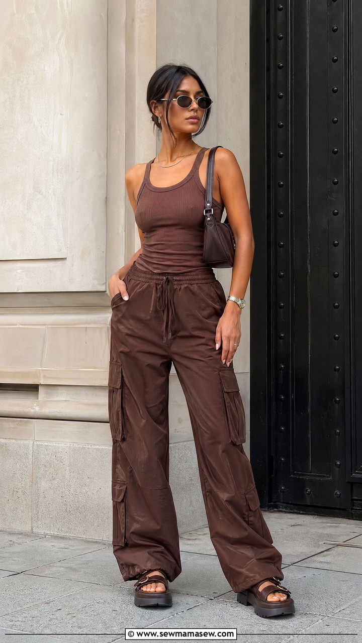 Brown Cargo Pants With A Fitted Tank - 35 summer brown outfit ideas