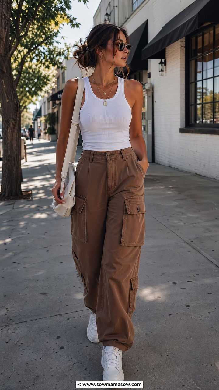 Brown Cargo Pants With White Tank Top - 35 Spring outfits in brown