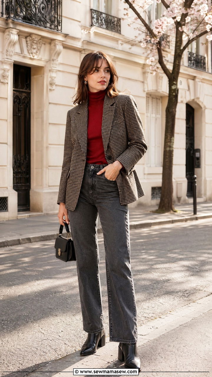 Brown Check Blazer With Red Turtleneck and Gray Jeans - 35 spring french girl outfit ideas