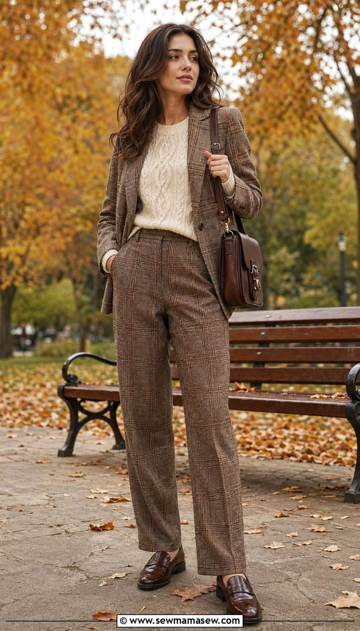 Brown Checked Blazer and Wool Trousers - 30 Blazer and pants matching set outfit ideas