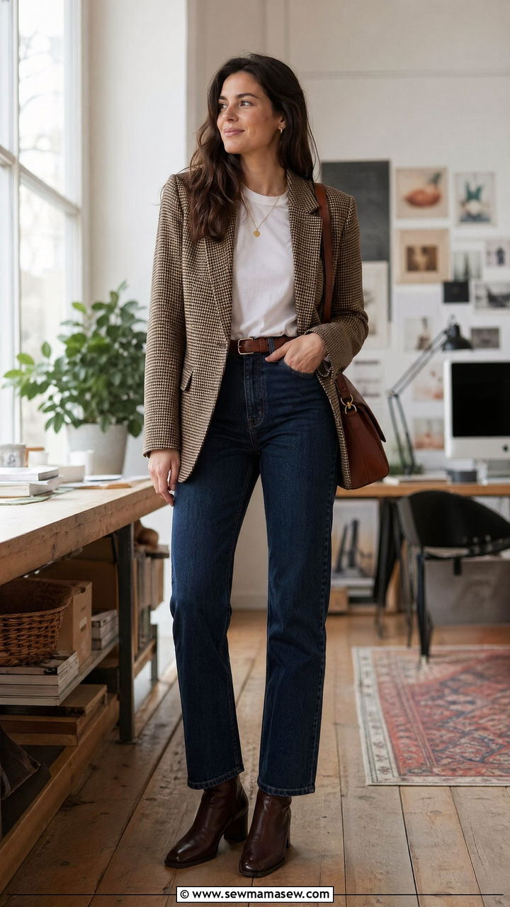 Brown Checked Blazer with Dark Blue Straight Leg Jeans - 35 what to wear to the office