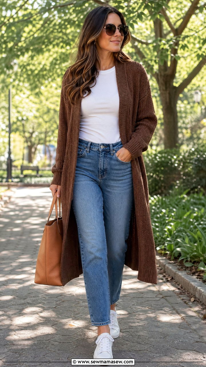 Brown Coatigan With Straight Leg Jeans - 35 Spring outfits in brown
