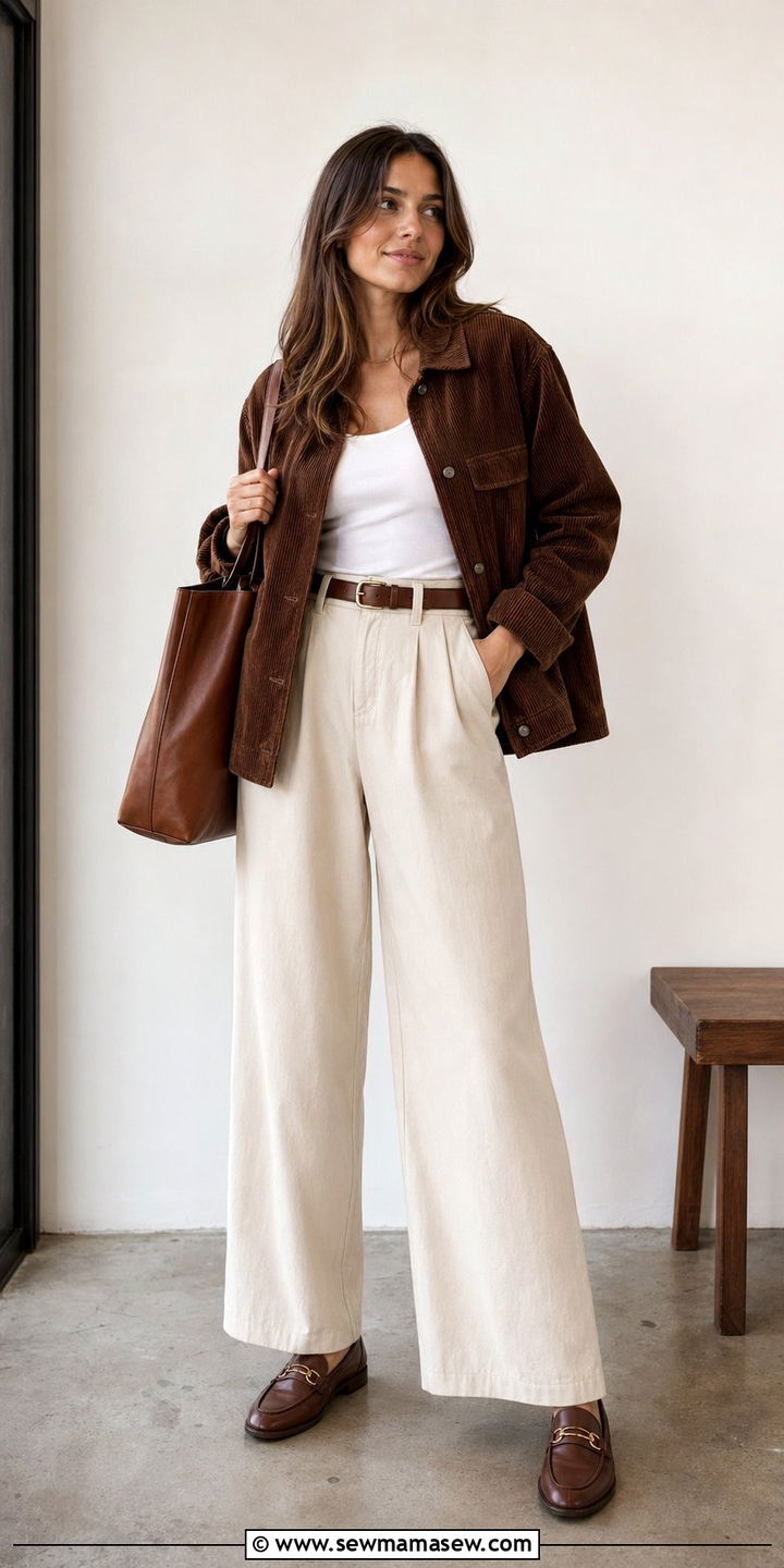 Brown Corduroy Jacket With Cream Trousers - 30 Back to school outfit ideas modest 2026