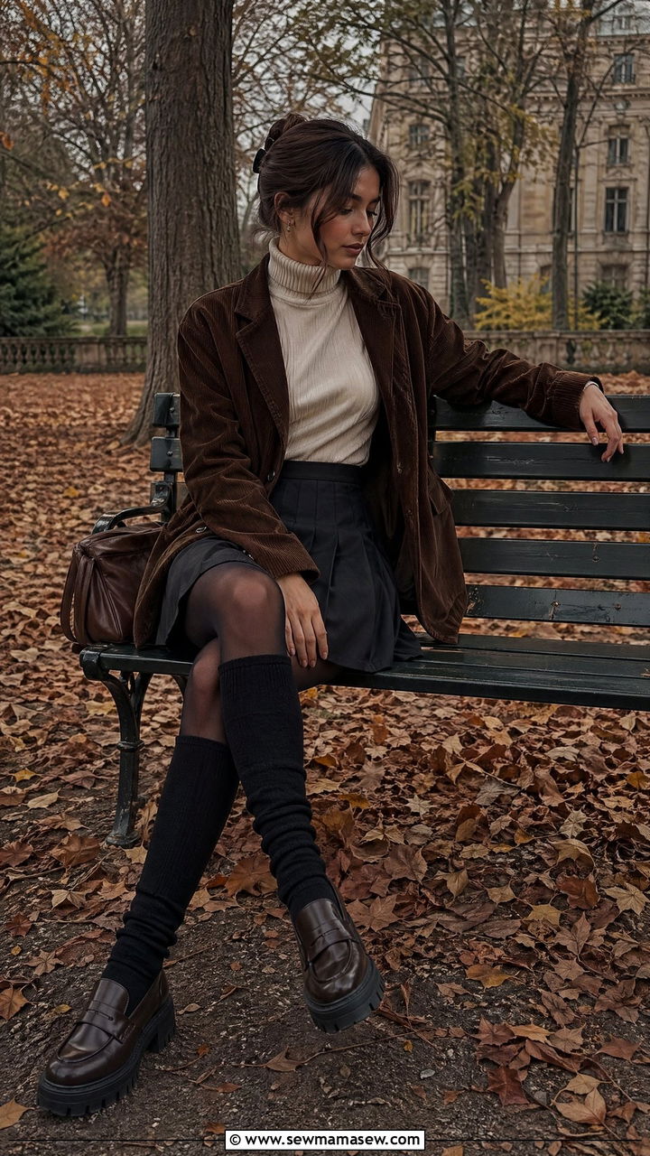 Brown Corduroy Jacket and Tennis Skirt with Knee High Socks - 35 dark academia outfits