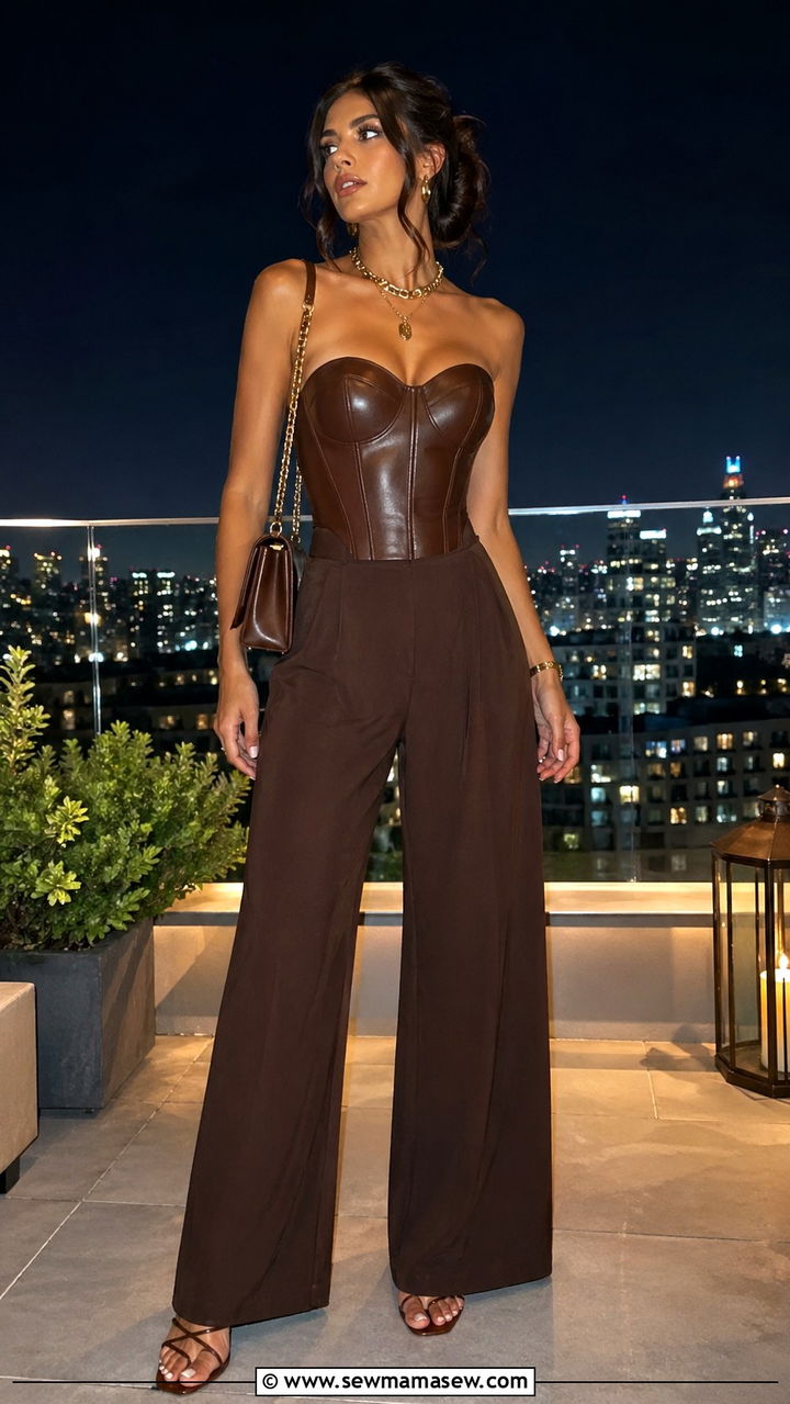 Brown Corset Top with Wide Leg Pants and Heels - 40 All brown outfit ideas