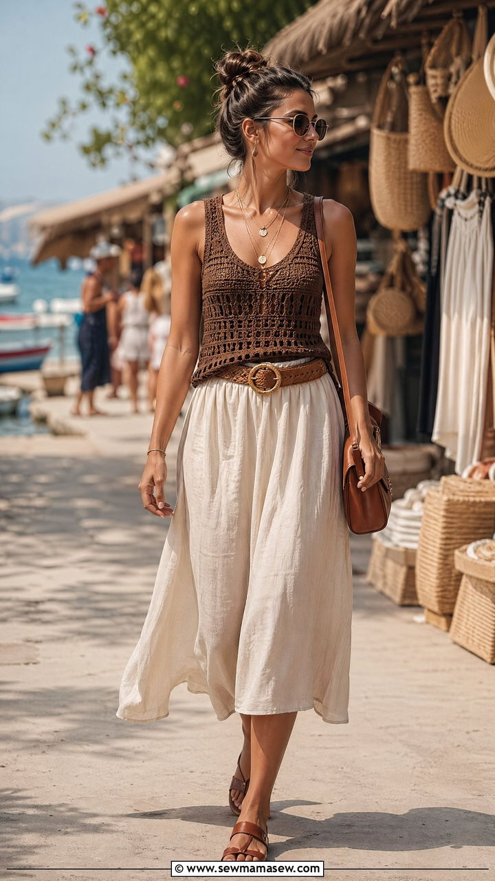 Brown Crochet Top With Flowy Linen Skirt - 35 Spring outfits in brown