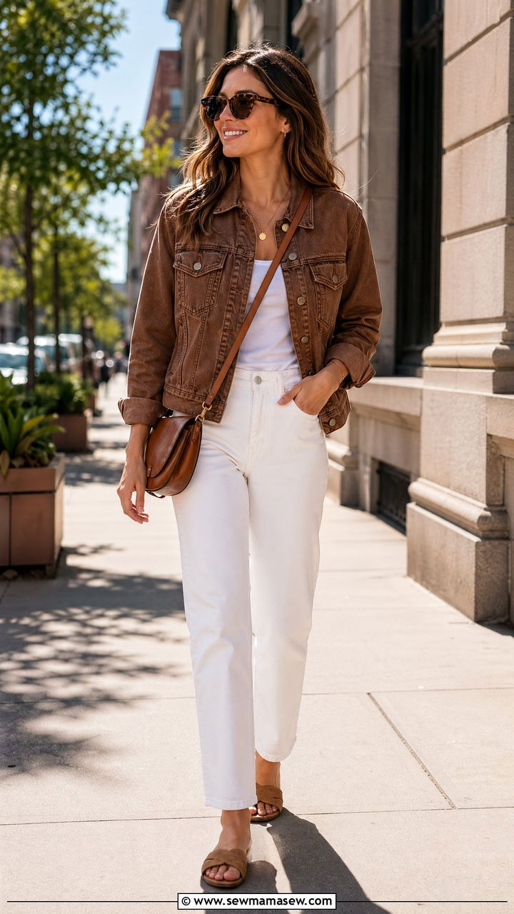 Brown Denim Jacket With White Jeans - 35 Spring outfits in brown