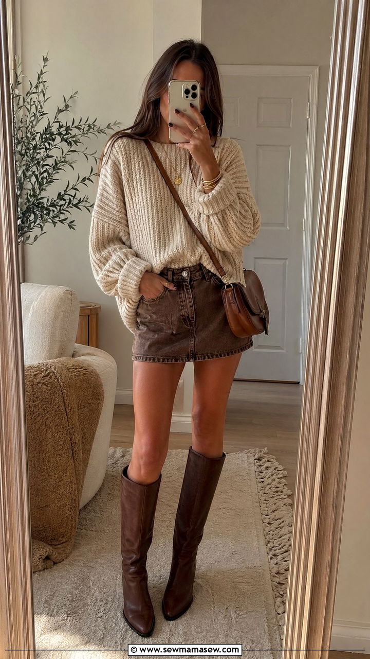Brown Denim Mini Skirt with Chunky Sweater - 35 spring brown outfit ideas
