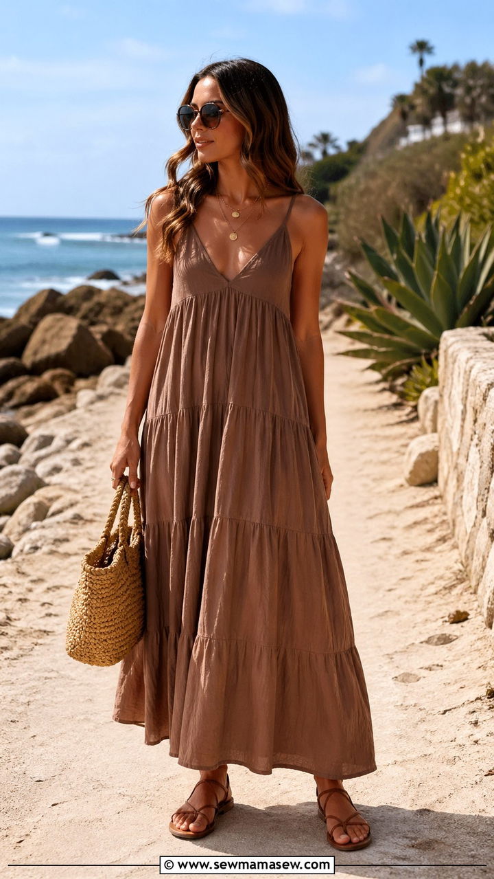 Brown Flowy Maxi Dress with Strappy Sandals - 40 All brown outfit ideas