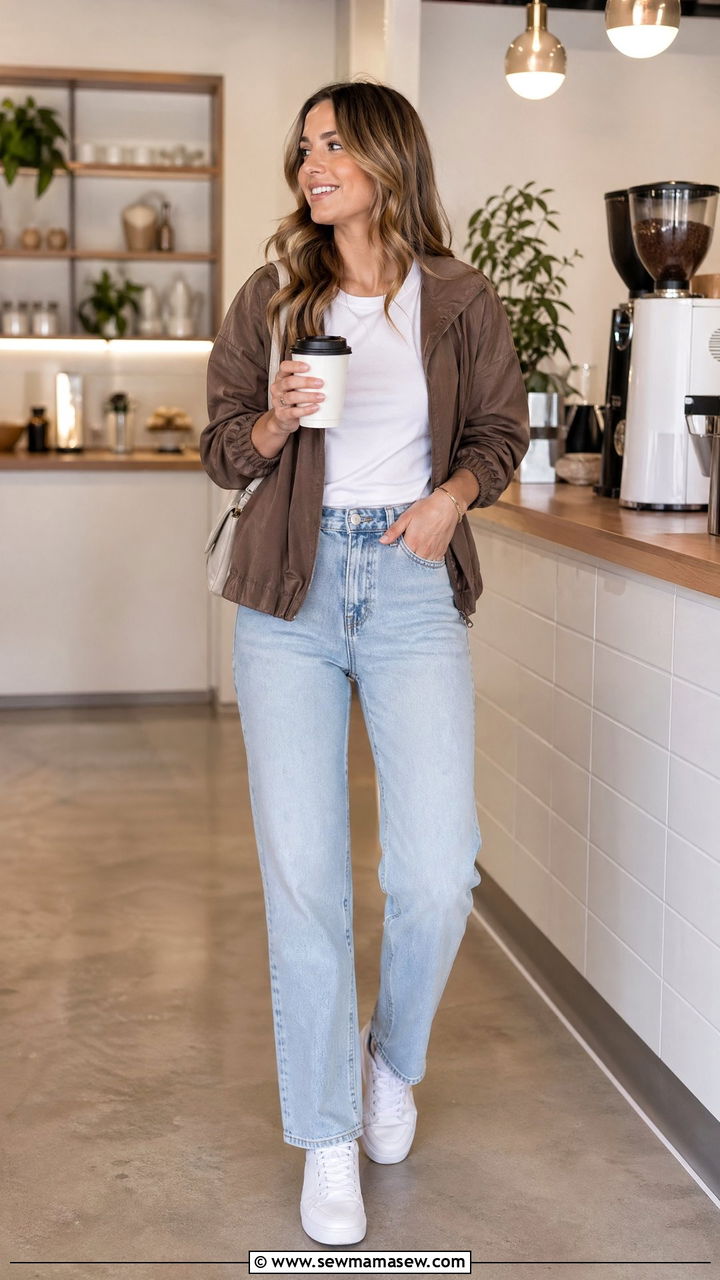 Brown Jacket with White Tee and Jeans Outfit - 35 Spring mom outfit ideas
