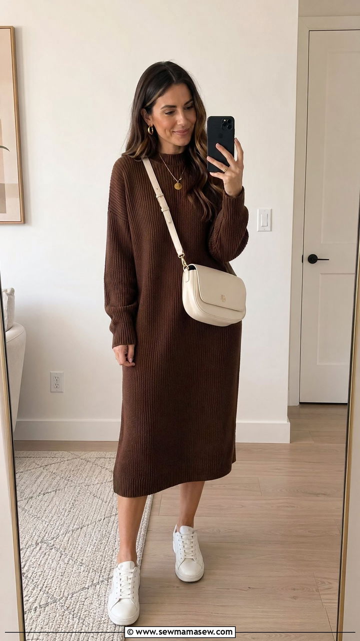 Brown Knit Dress with White Sneakers - 35 spring brown outfit ideas