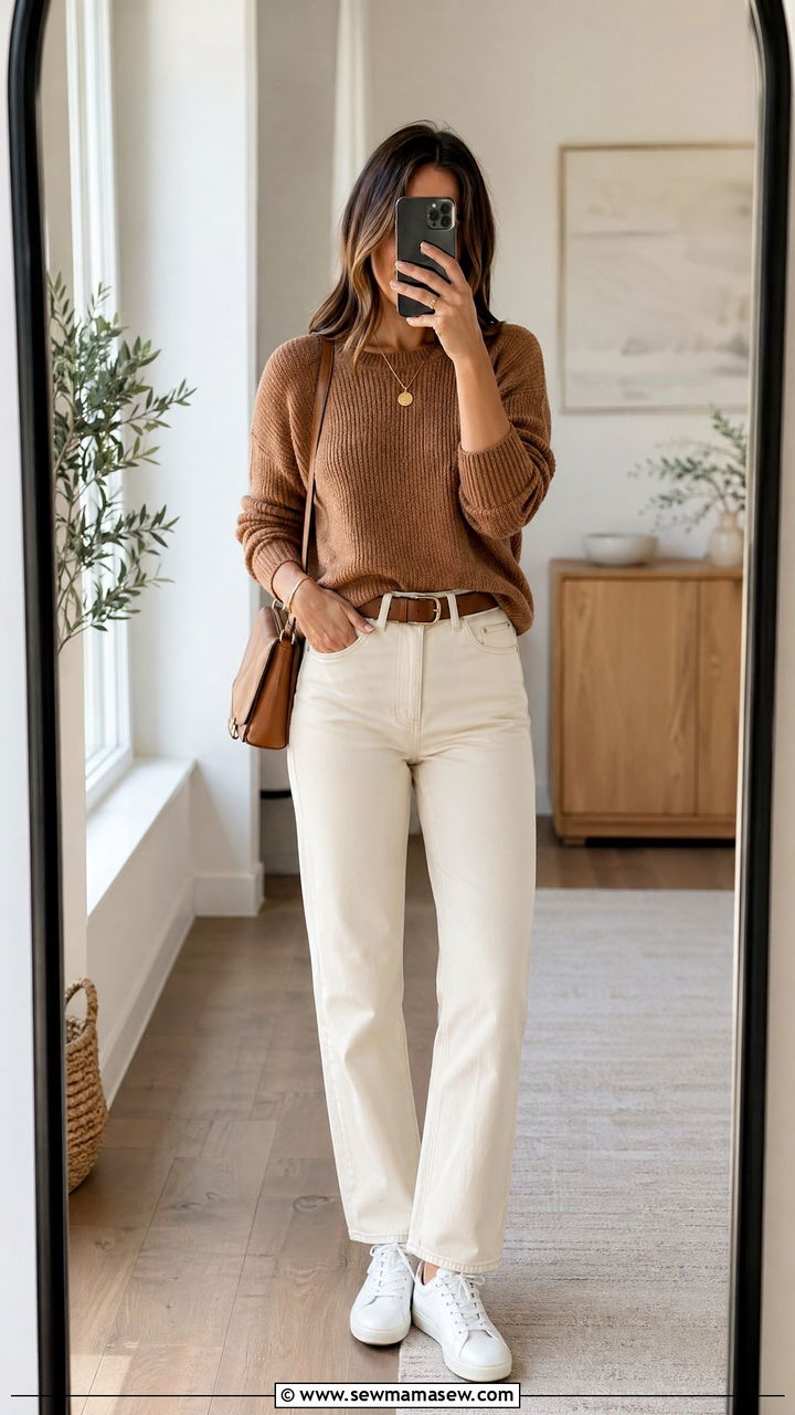 Brown Knit Sweater With Cream Jeans - 35 Spring outfits in brown