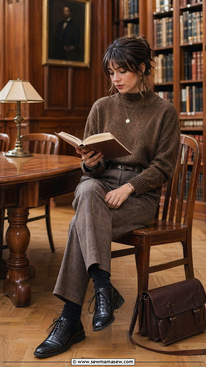 Brown Knit Sweater and Plaid Trousers with Oxford Shoes - 35 dark academia outfits
