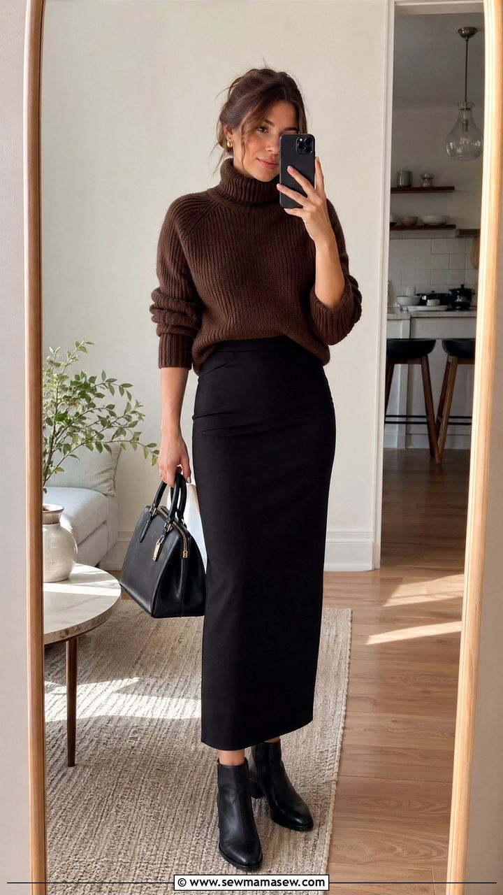 Brown Knit Sweater with Black Pencil Maxi Skirt and Ankle Boots - 35 cute office outfits