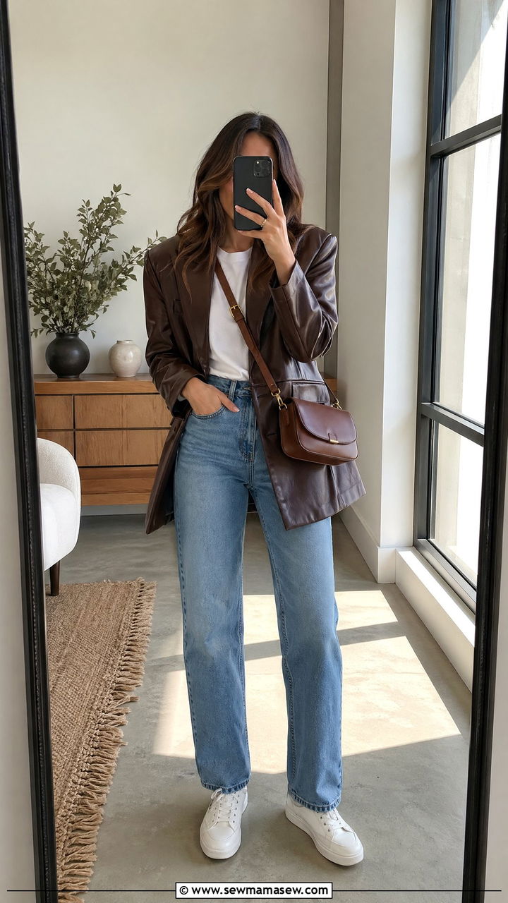 Brown Leather Blazer With Straight Leg Jeans - 35 Spring outfits in brown