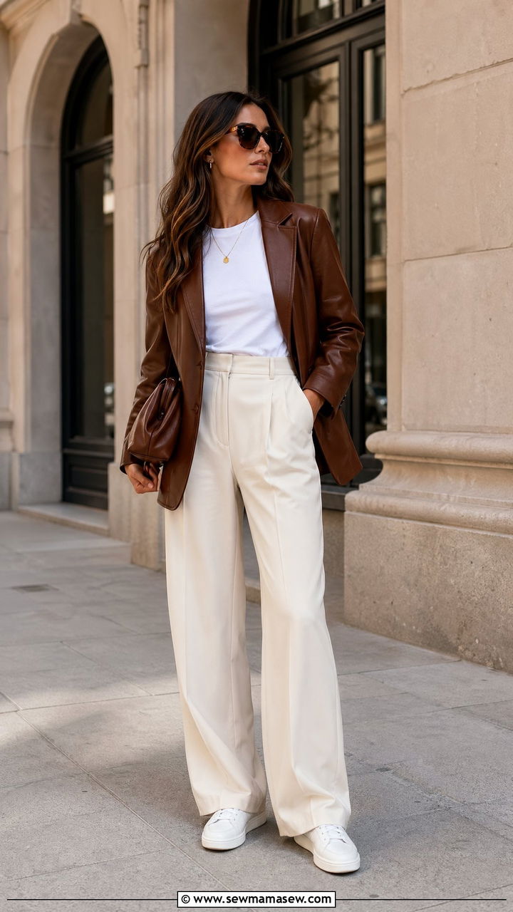 Brown Leather Blazer With White Tee Cream Trousers and Sneakers - 35 Clean girl casual outfit ideas
