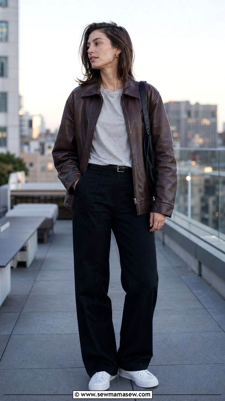 Brown Leather Jacket Over Gray Tee and Black Trousers - 35 Normcore outfit ideas
