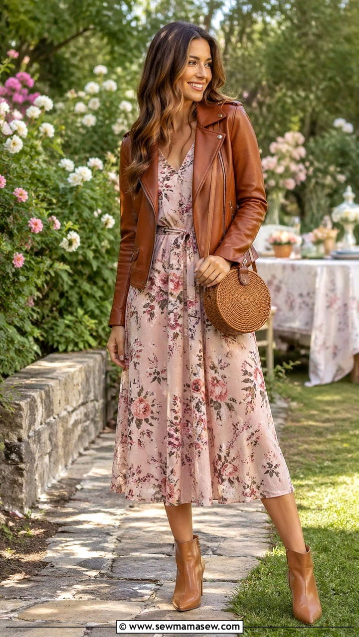 Brown Leather Jacket With Floral Midi Dress And Ankle Boots - 30 spring leather jacket outfit ideas