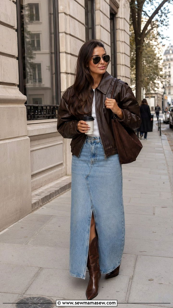 Brown Leather Jacket and Denim Maxi Skirt Modest Outfit - 35 modest classy outfits aesthetic