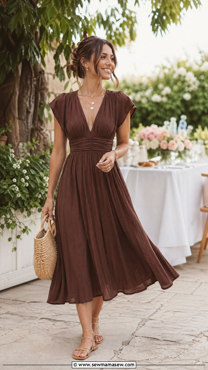 Brown Midi Dress with Nude Sandals - 35 spring brown outfit ideas