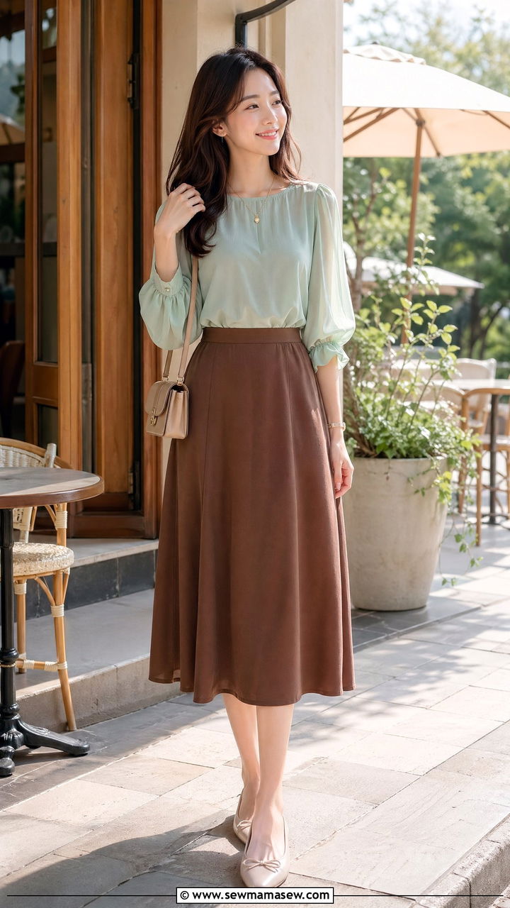 Brown Midi Skirt With Mint Green Chiffon Blouse - 35 Spring outfits in brown