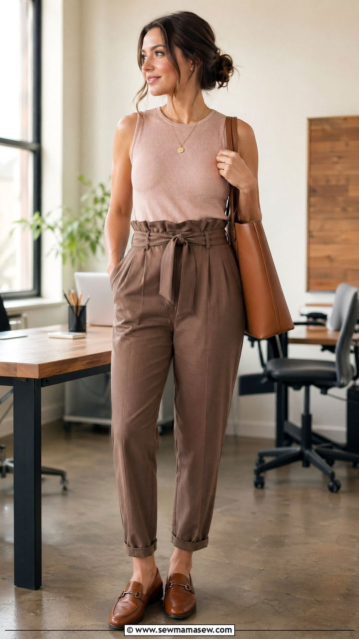 Brown Paperbag Pants with Blush Tank - 35 spring brown outfit ideas