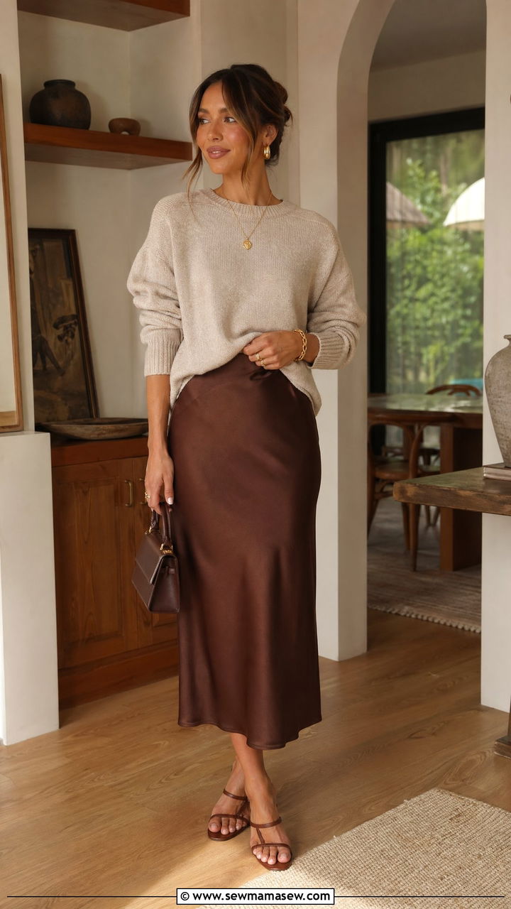 Brown Satin Midi Skirt with Sweater - 35 spring brown outfit ideas