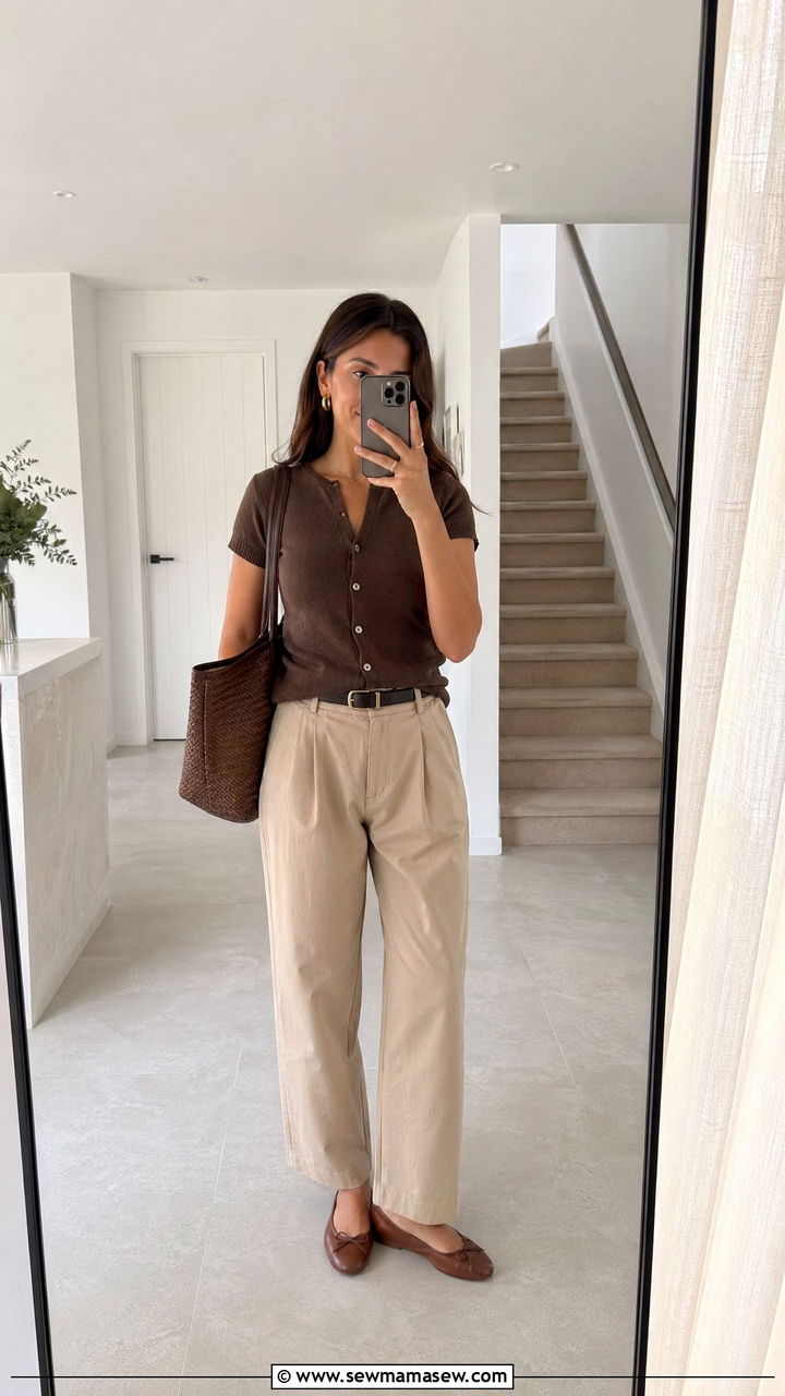 Brown Short Sleeve Cardigan with Trousers - 35 spring brown outfit ideas