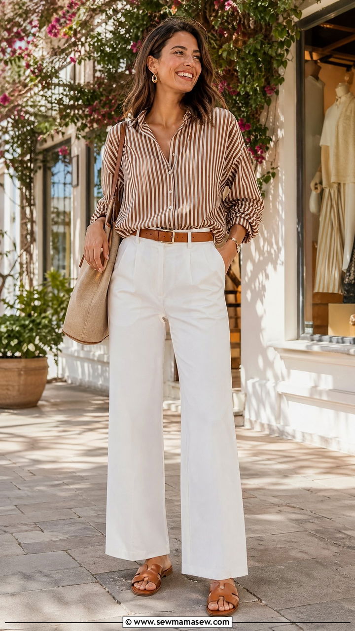 Brown Striped Shirt With White Wide Leg Pants - 35 Spring outfits in brown