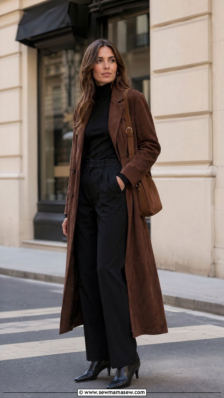 Brown Suede Coat and Black Turtleneck - 35 spring brown outfit ideas