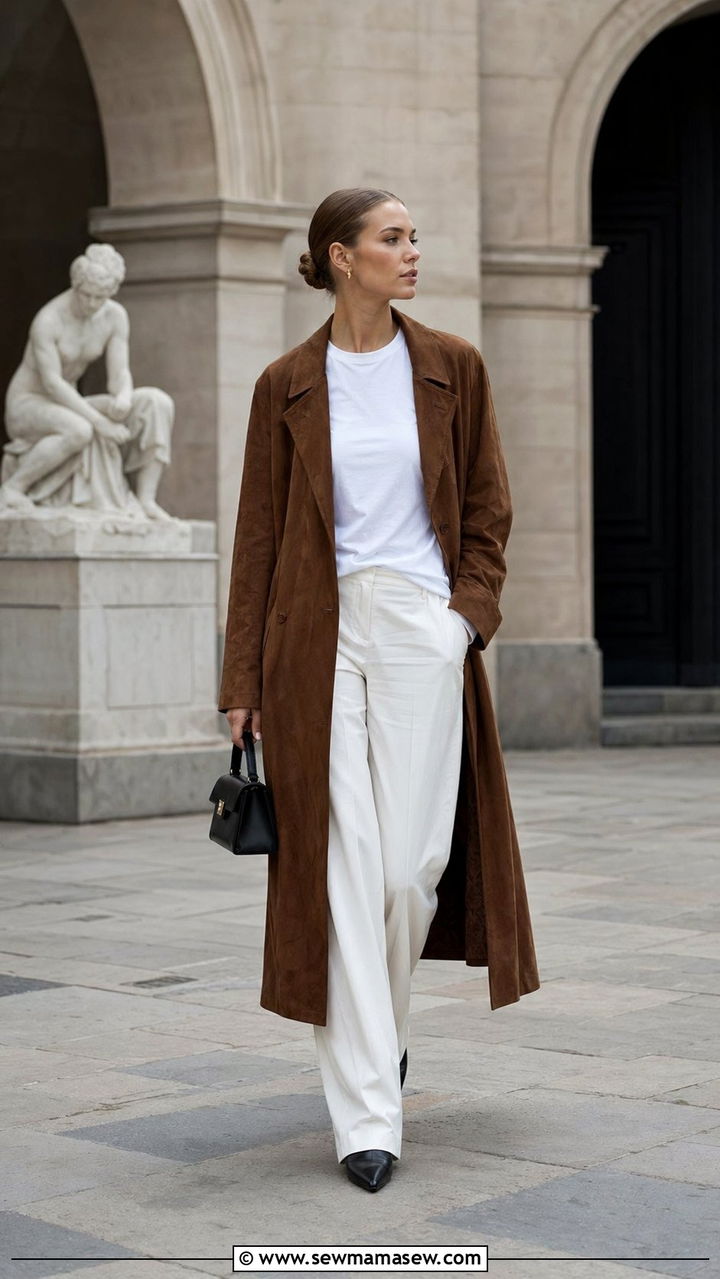Brown Suede Coat with White Trousers Outfit - 35 Scandinavian outfit ideas