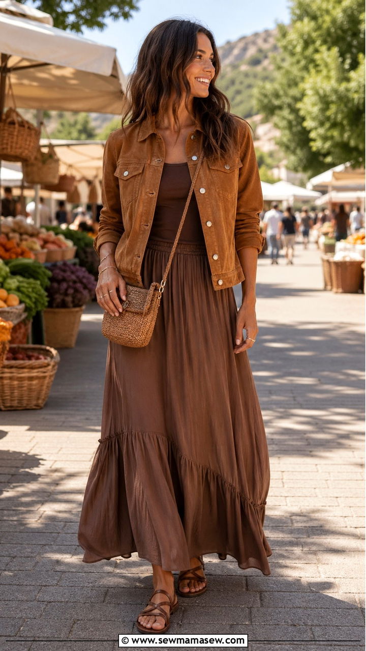 Brown Suede Jacket with Flowy Maxi Skirt and Sandals - 40 All brown outfit ideas
