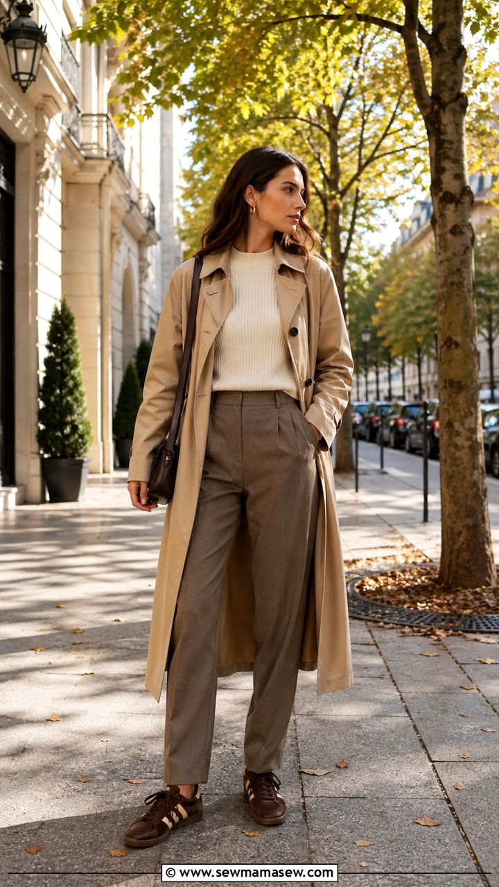Brown Suede Sneakers With Trench Coat - 30 sneaker outfit ideas for women