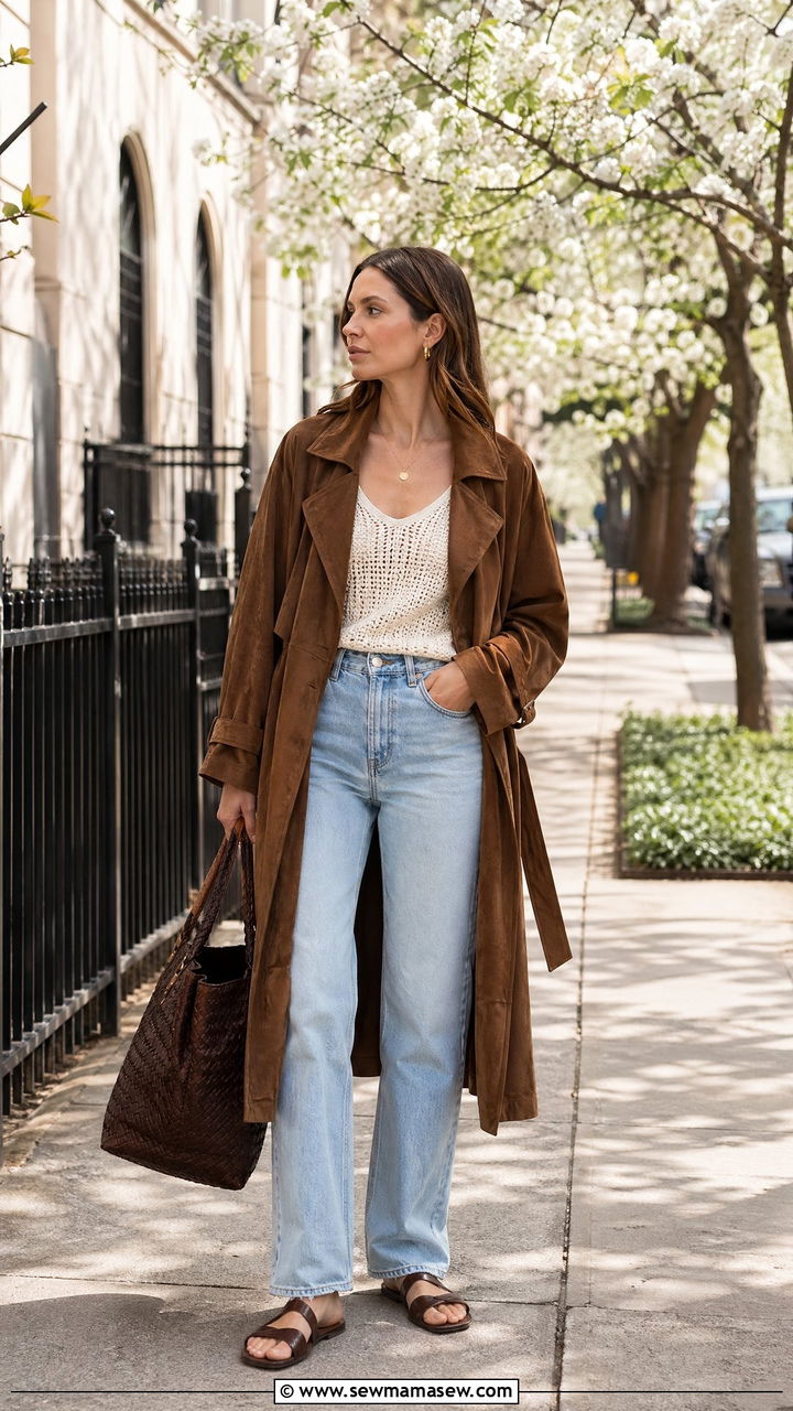 Brown Suede Trench Coat With Crochet Tank - 35 Spring outfits in brown
