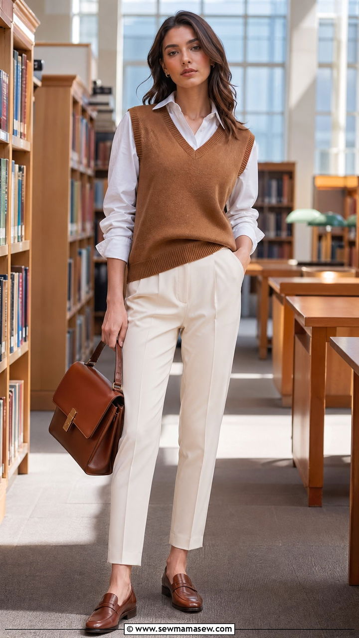 Brown Sweater Vest Over Collared Shirt - 35 Spring outfits in brown