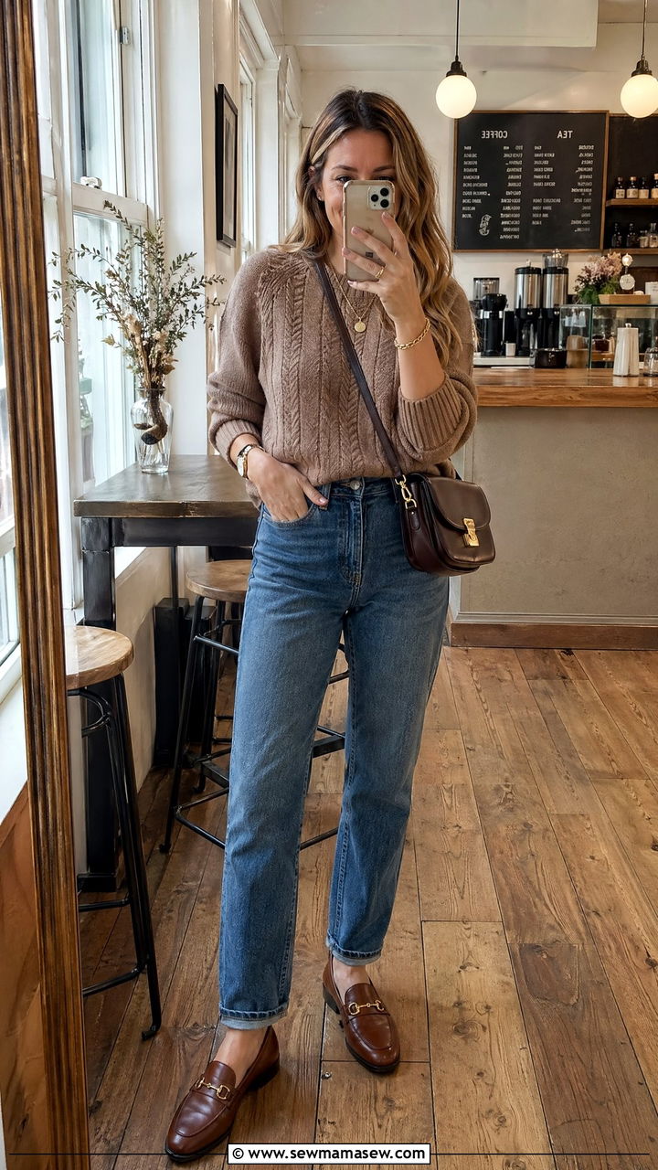 Brown Sweater with Blue Jeans - 35 spring brown outfit ideas