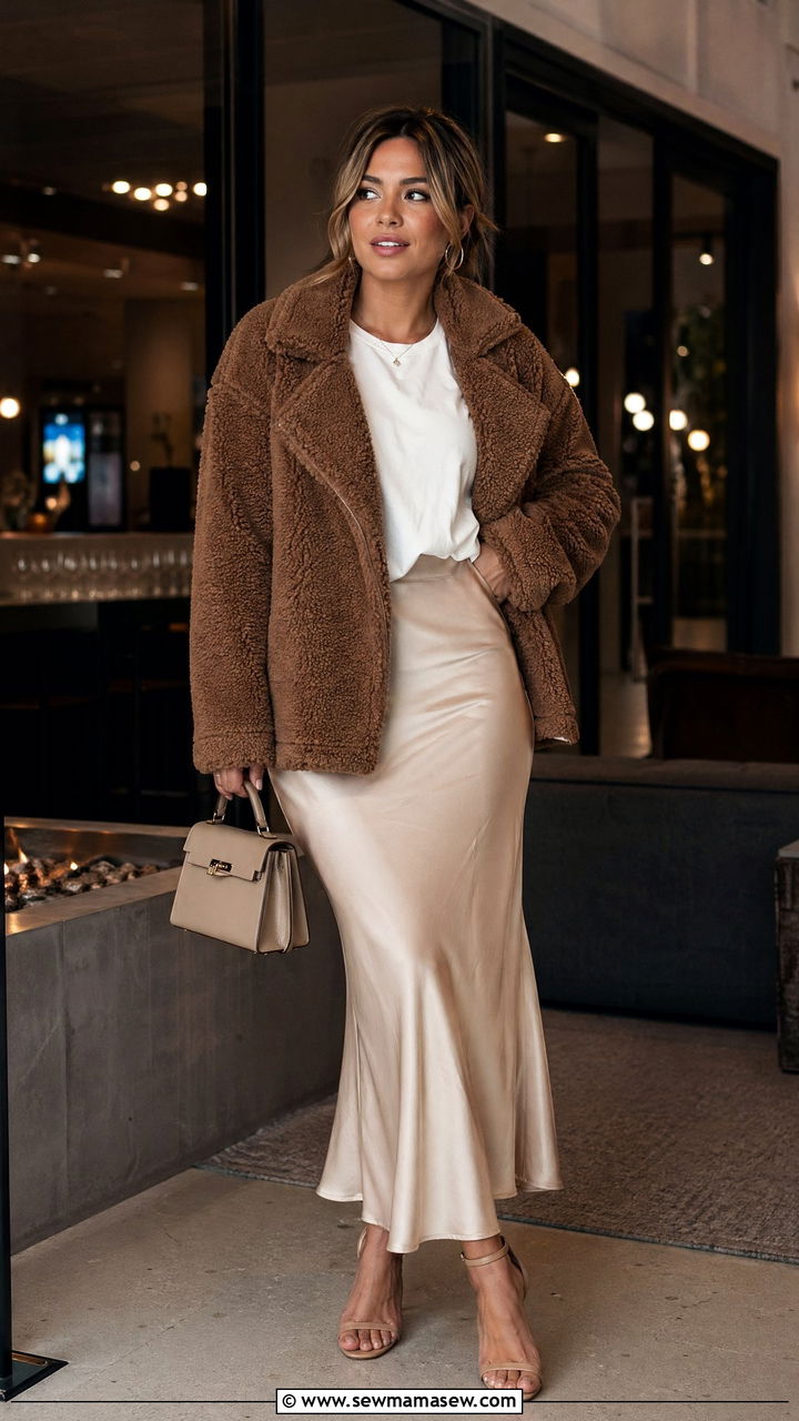 Brown Teddy Jacket with Slip Skirt - 35 spring brown outfit ideas