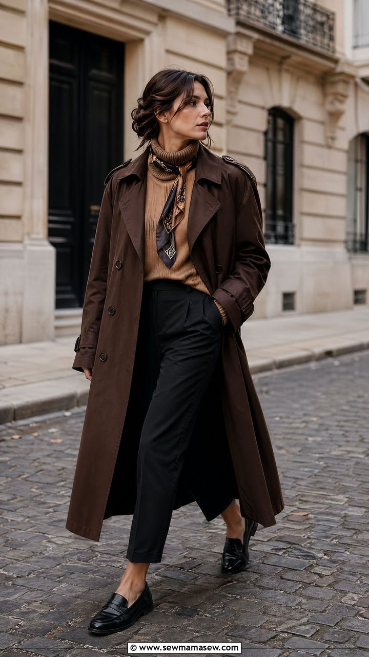 Brown Trench Coat Outfit With Roll Neck And Cropped Trousers - 35 Dark academia outfit ideas