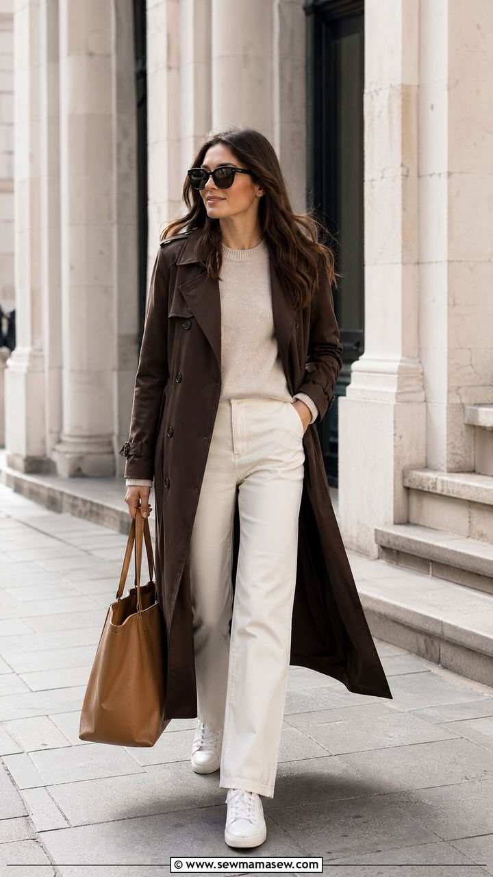 Brown Trench Coat With Cream Trousers And Sneakers - 40 trench coat outfits