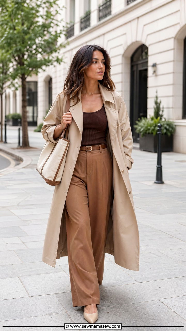 Brown Trench Coat With Toffee Wide Leg Trousers - 35 Spring outfits in brown