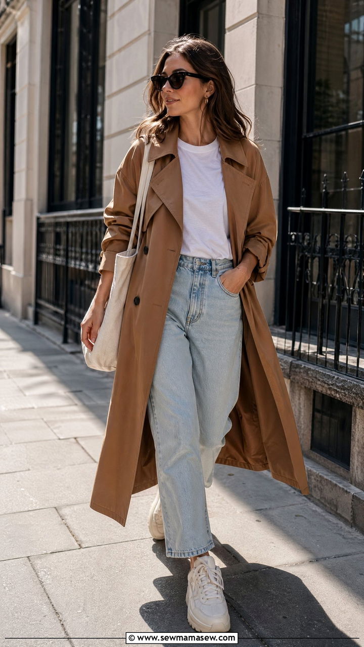 Brown Trench Coat with Light Wash Jeans - 35 spring brown outfit ideas