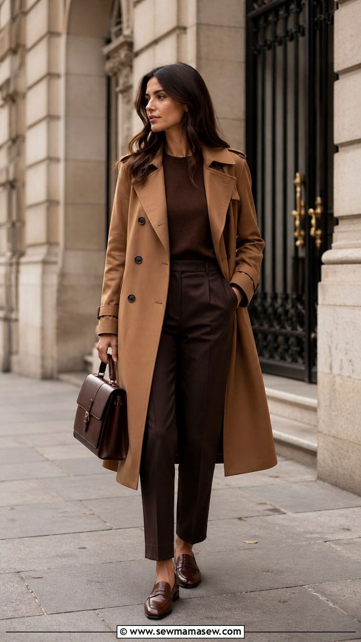 Brown Trench Coat with Tailored Trousers and Loafers - 40 All brown outfit ideas