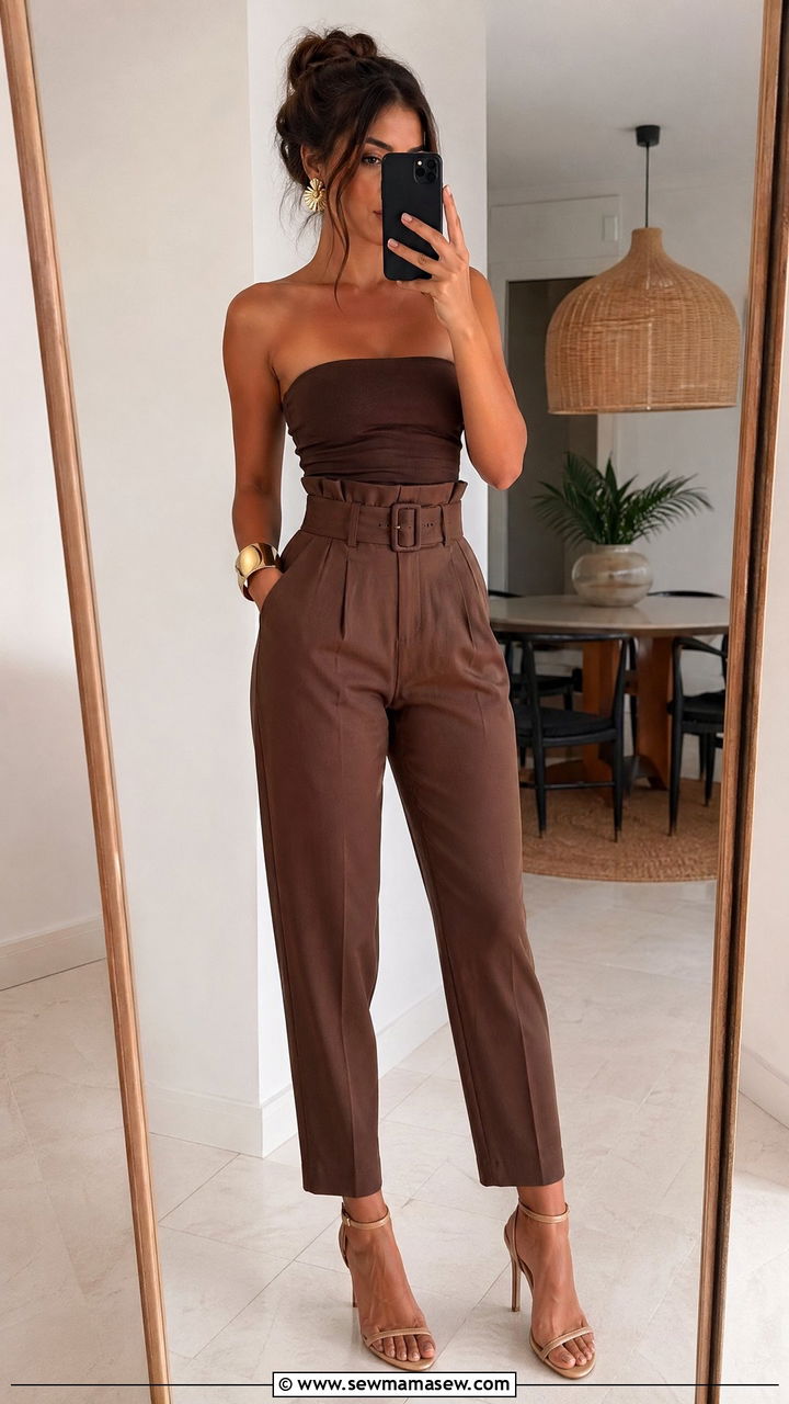 Brown Tube Top With Paperbag Trousers - 35 summer brown outfit ideas