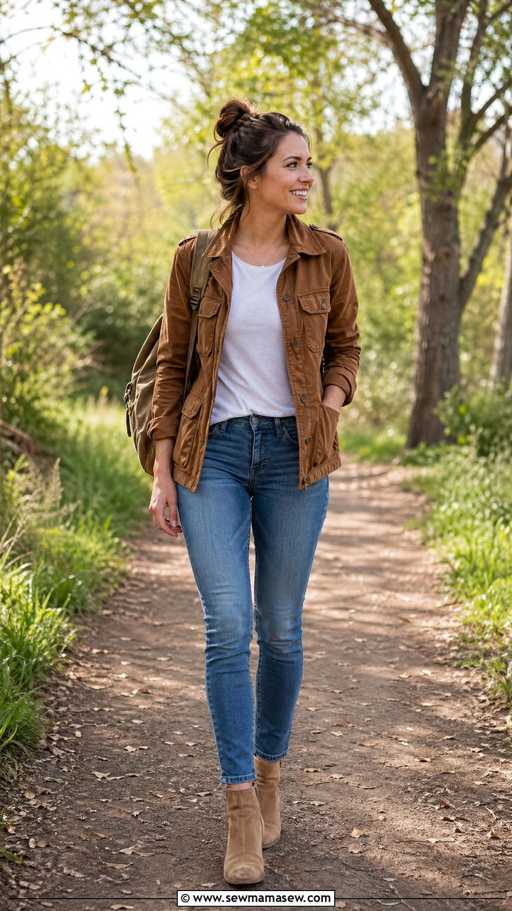 Brown Utility Jacket With Slim Jeans - 35 Spring outfits in brown