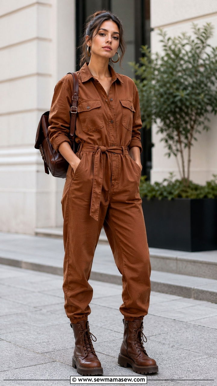 Brown Utility Jumpsuit with Combat Boots - 40 All brown outfit ideas