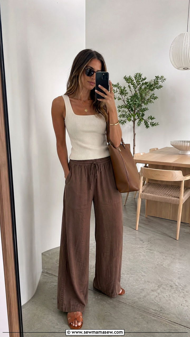 Brown Wide Leg Linen Pants With A Cream Tank - 35 summer brown outfit ideas