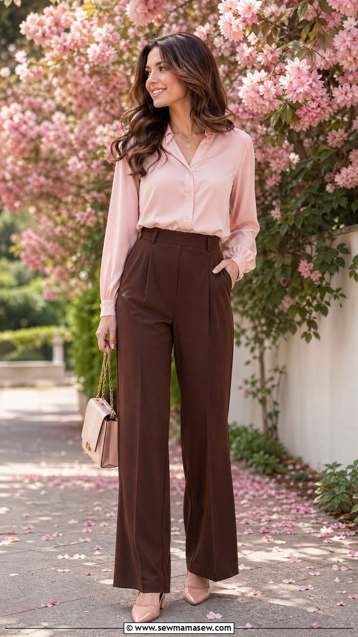 Brown Wide Leg Trousers With Pink Blouse - 35 Spring outfits in brown
