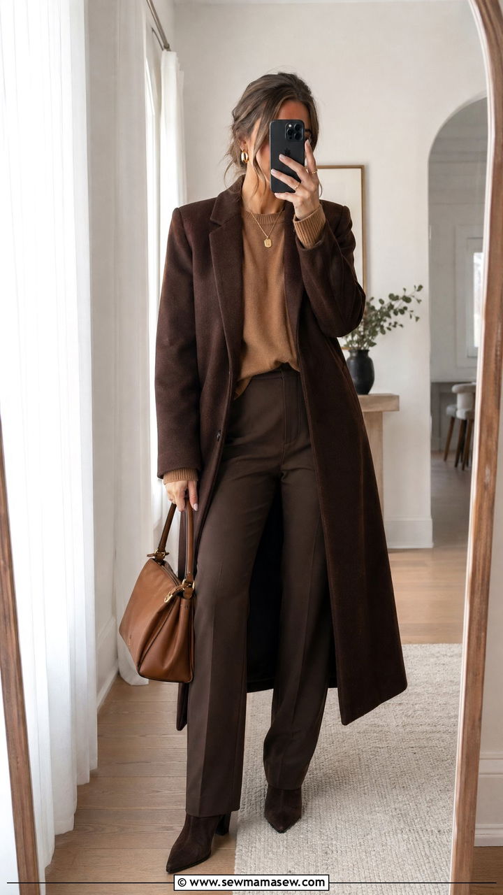 Brown Wool Coat with Tonal Monochrome Layers - 35 Wool coat outfit ideas