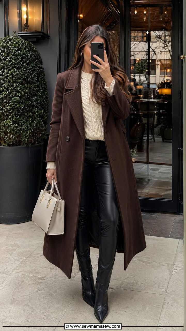 Brown Wool Coat with a Cream Knit and Leather Pants - 35 Wool coat outfit ideas